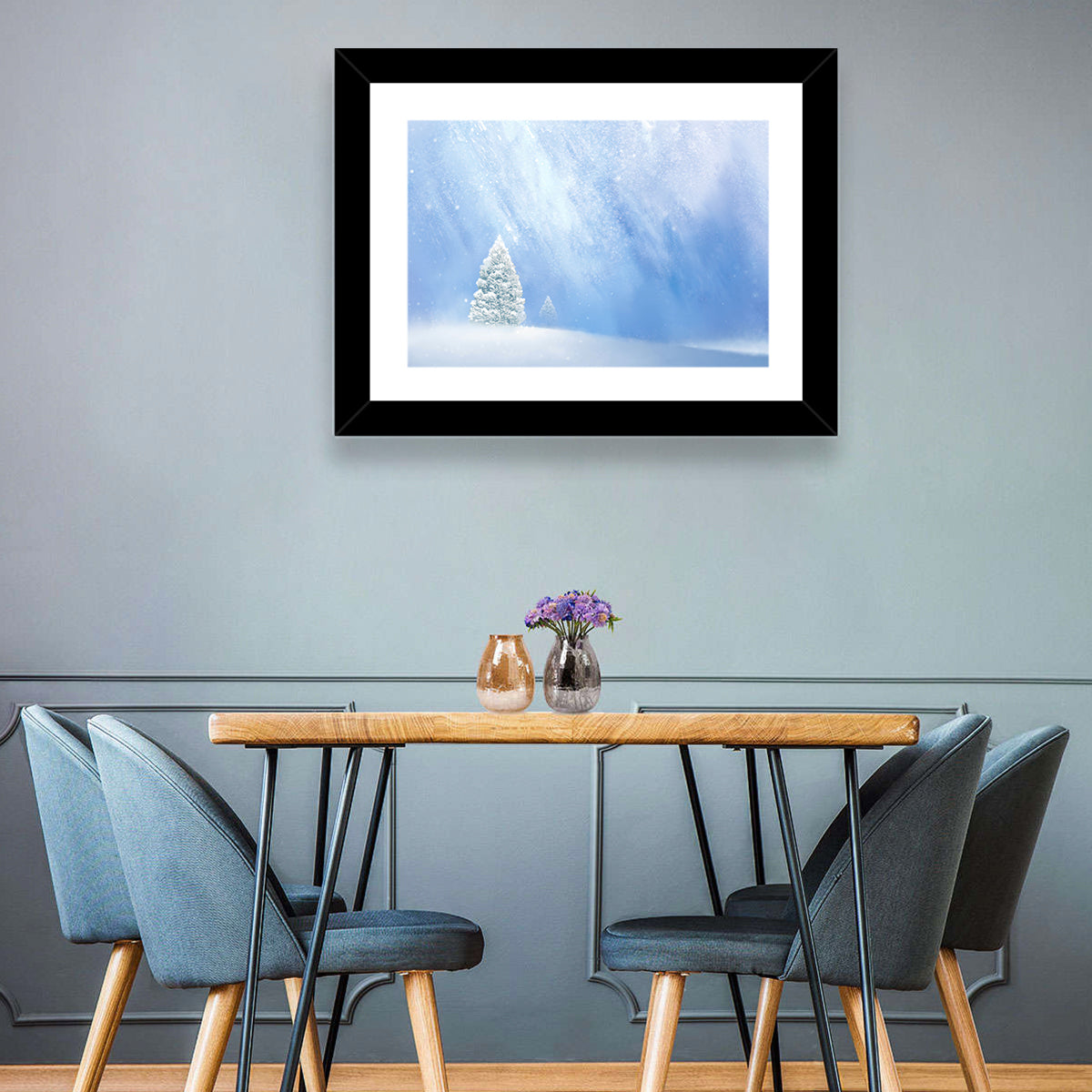 Two Snowy Evergreens Wall Art in a room, landscape