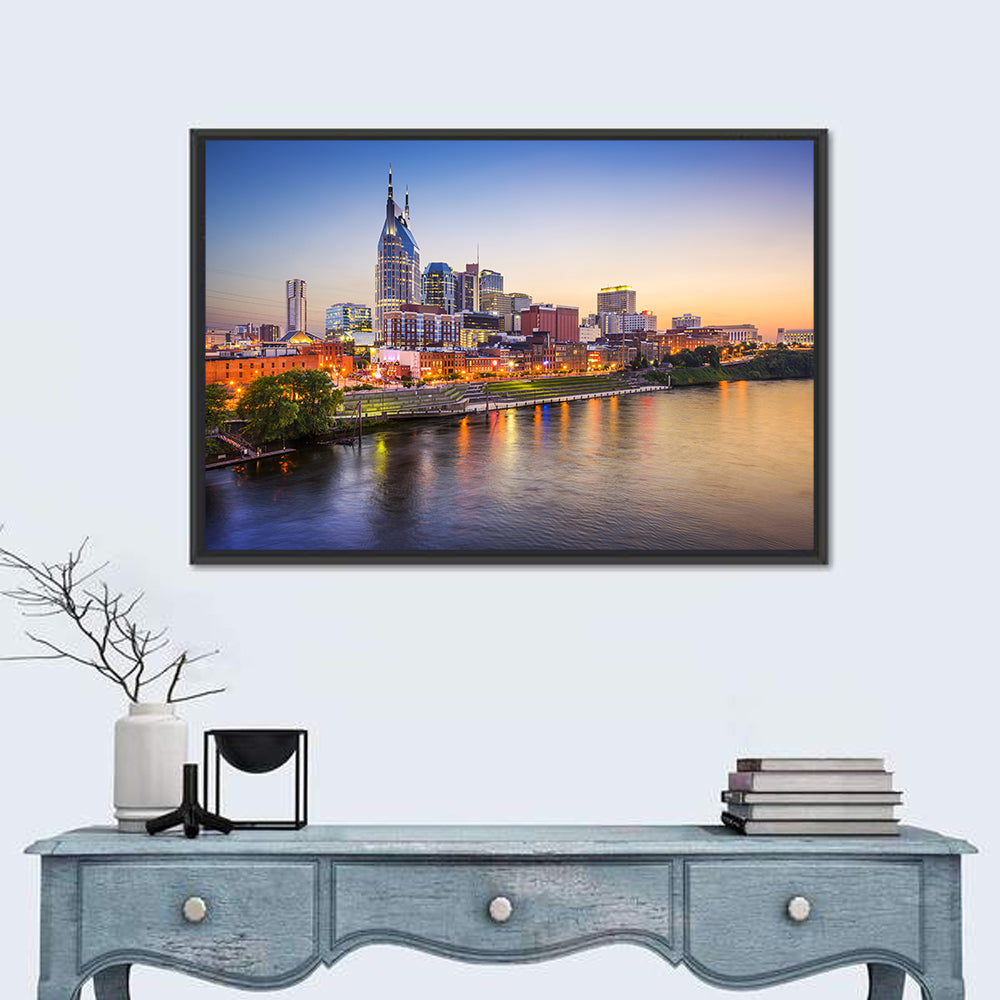 Nashville Skyline Over the Cumberland River Wall Art in a room, landscape
