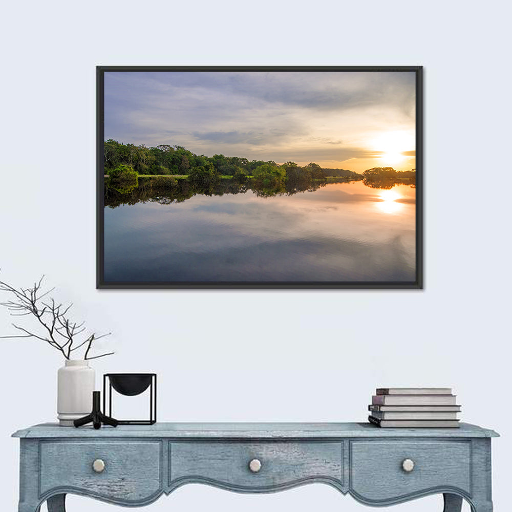 Amazon River Sunset Reflection Wall Art in a room, landscape
