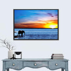 Elephant Silhouette at Beach Sunset Wall Art