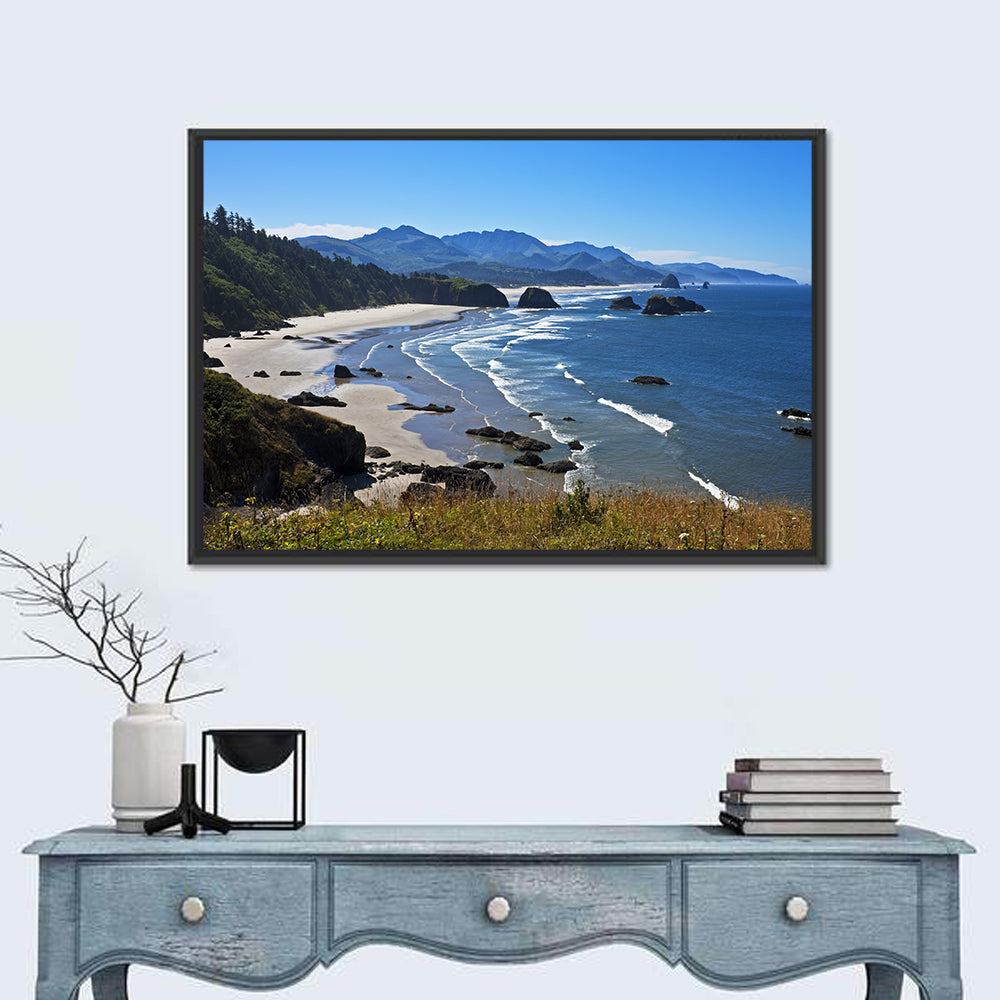 Cannon Beach Morning Shoreline Wall Art in a room, landscape