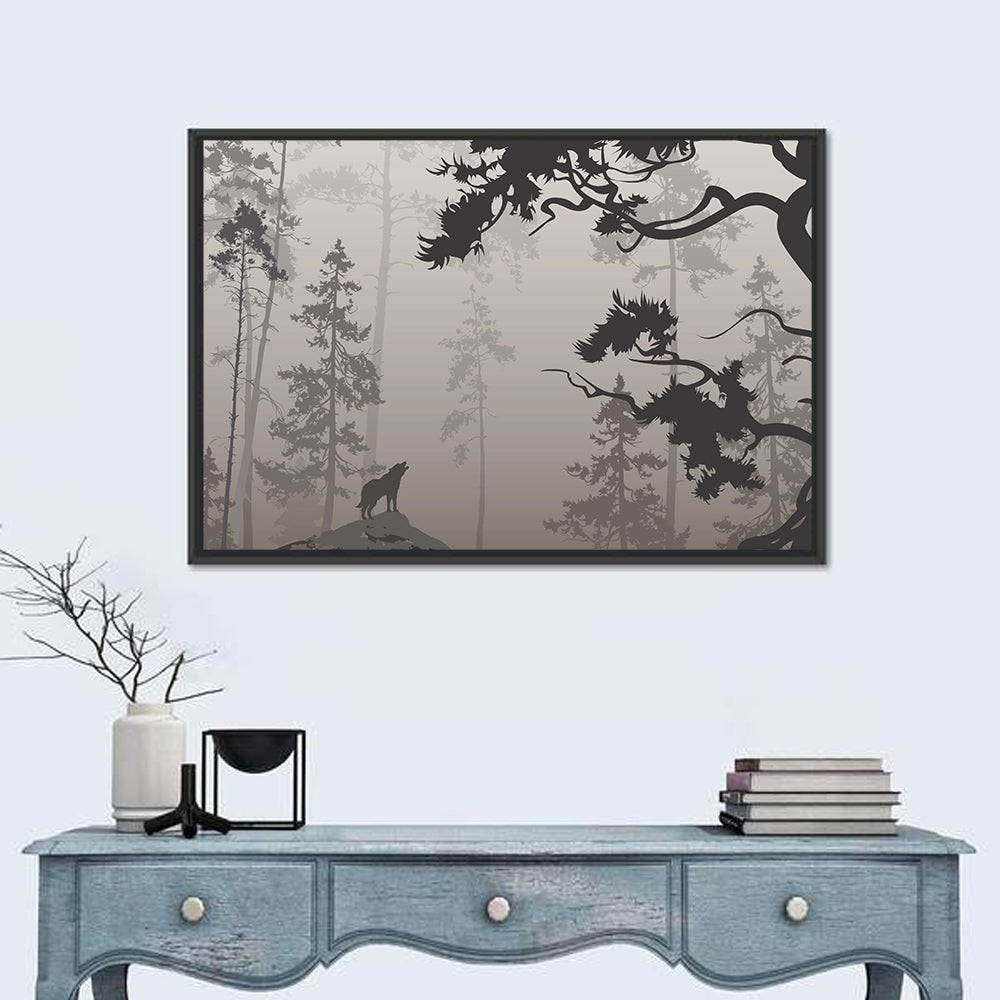 Howling Wolf in Misty Forest Wall Art in a room, landscape