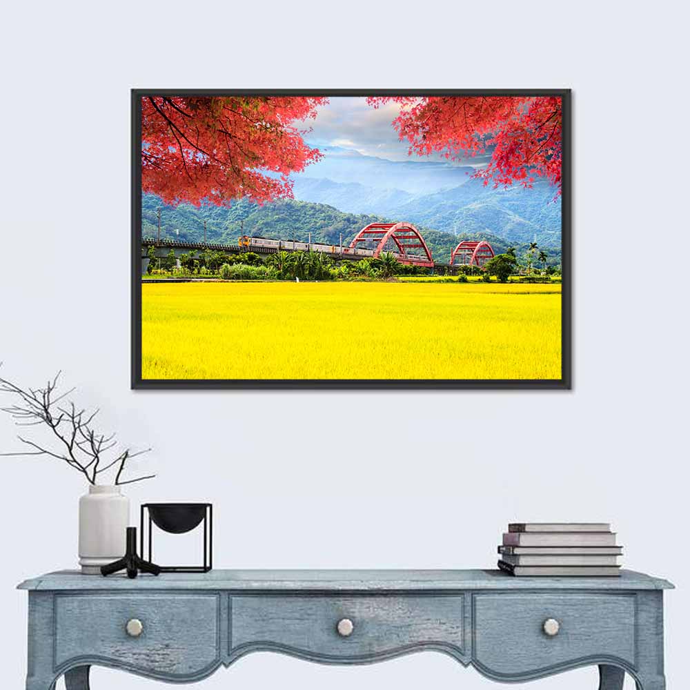 Autumn Train Over Taiwan Rice Fields Wall Art in a room, landscape