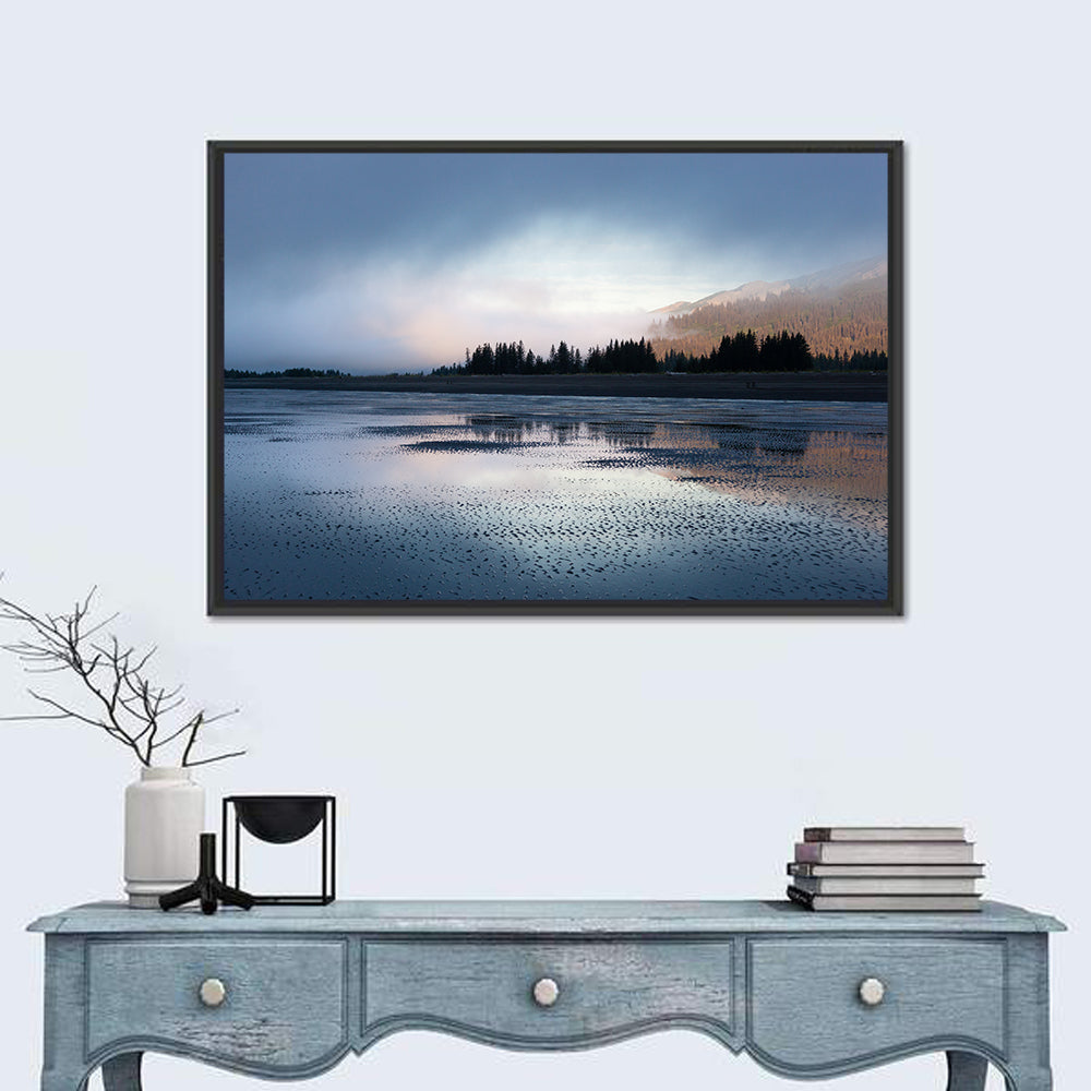 Lake Clark Foggy Shoreline Wall Art in a room, landscape