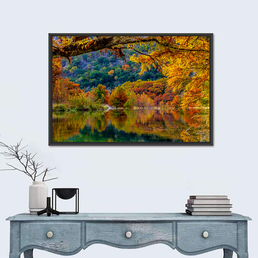 Frio River Autumn Reflection Wall Art in a room, landscape