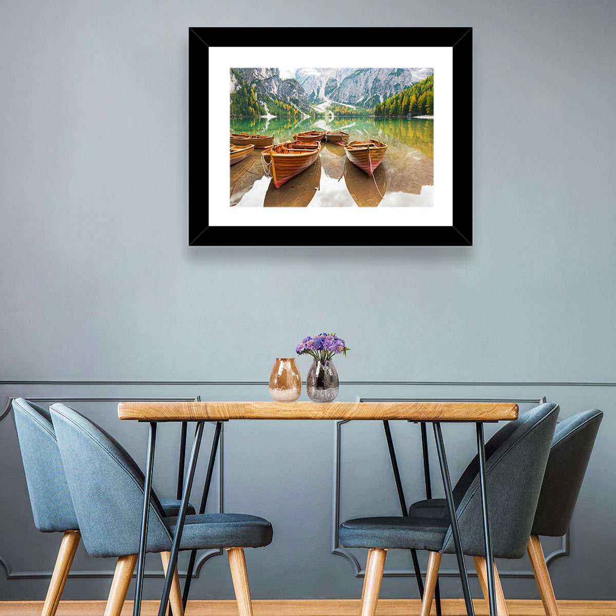 Rowboats on Lake Braies Wall Art in a room, landscape