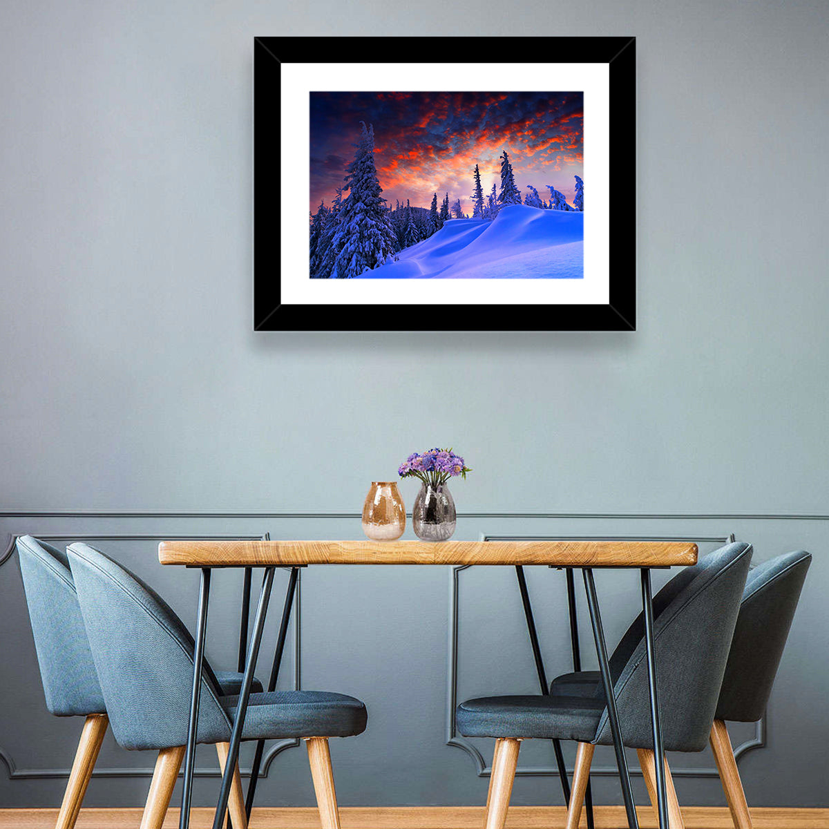 Snow-covered Mountain Sunset Wall Art in a room, landscape