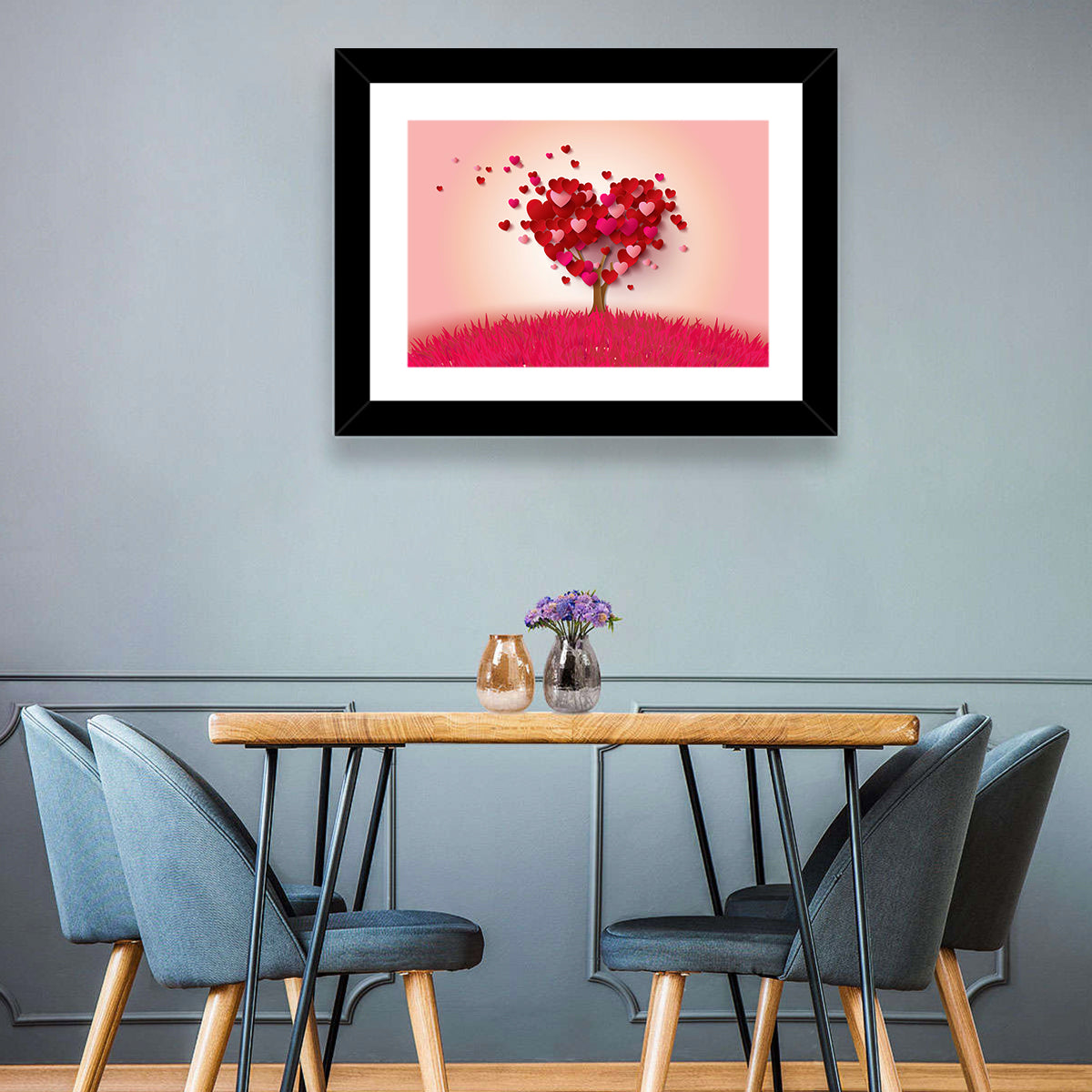 Whimsical Heart Tree Illustration Wall Art in a room, landscape