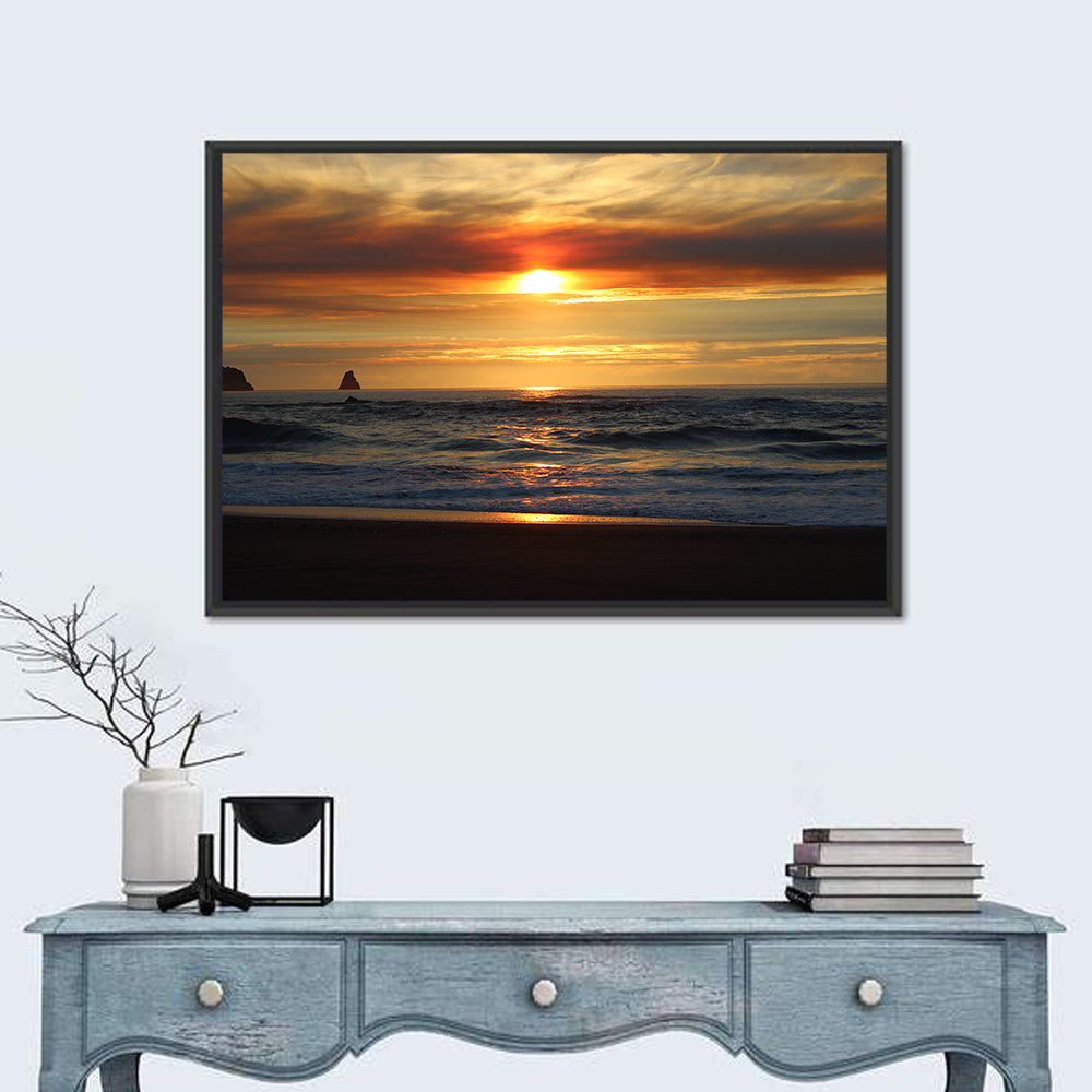 Oregon Sea Stack Sunset Wall Art in a room, landscape