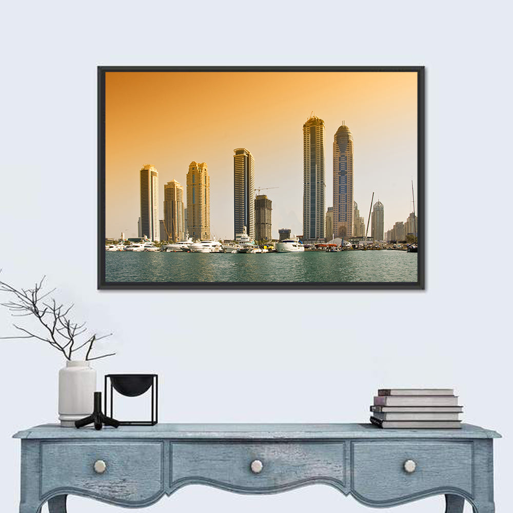Dubai Marina Sunset Skyline with Yachts Wall Art
