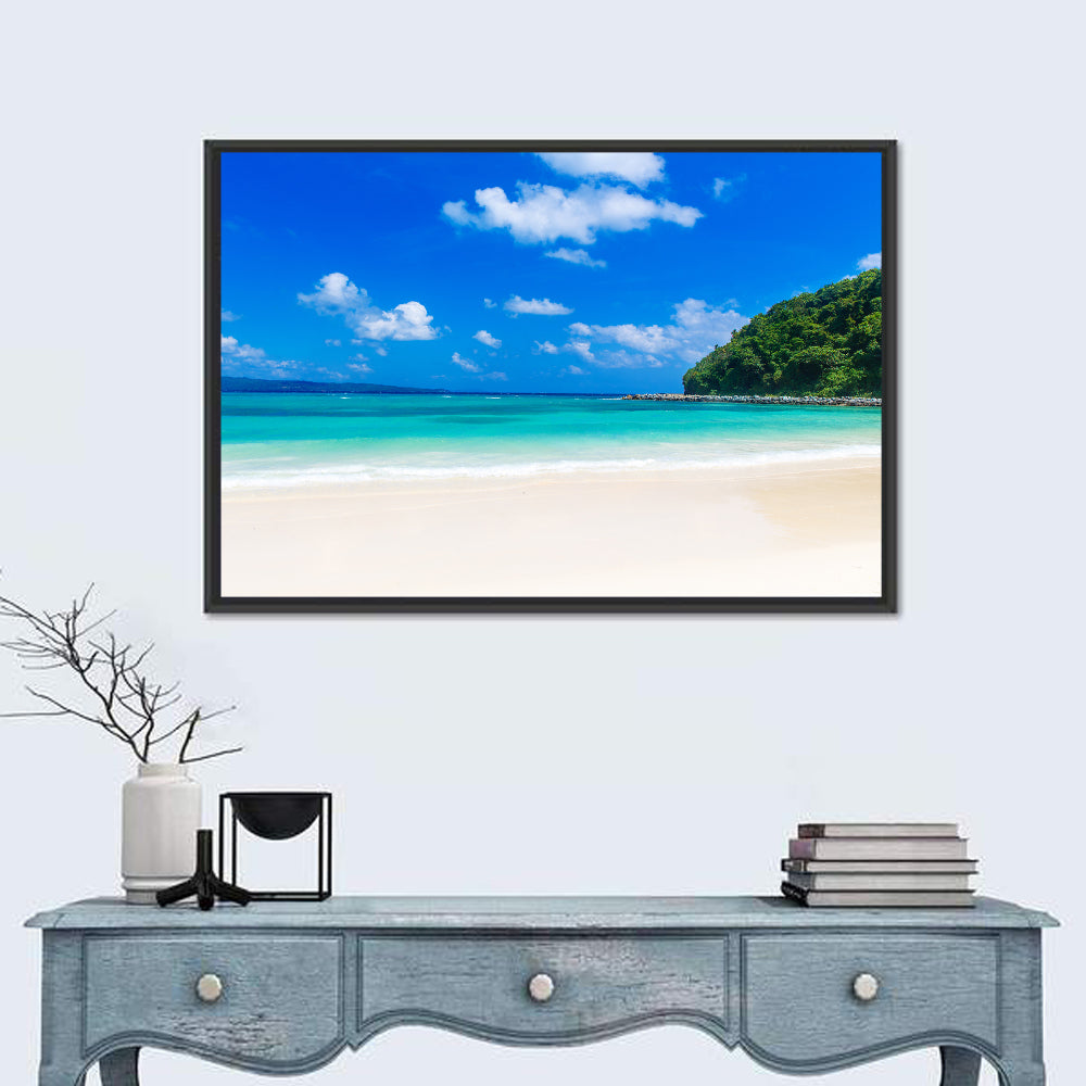 Turquoise Tropical Beach Scene Wall Art in a room, landscape