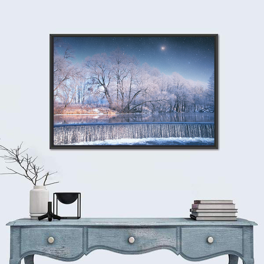 Starlit Winter Waterfall Wall Art in a room, landscape