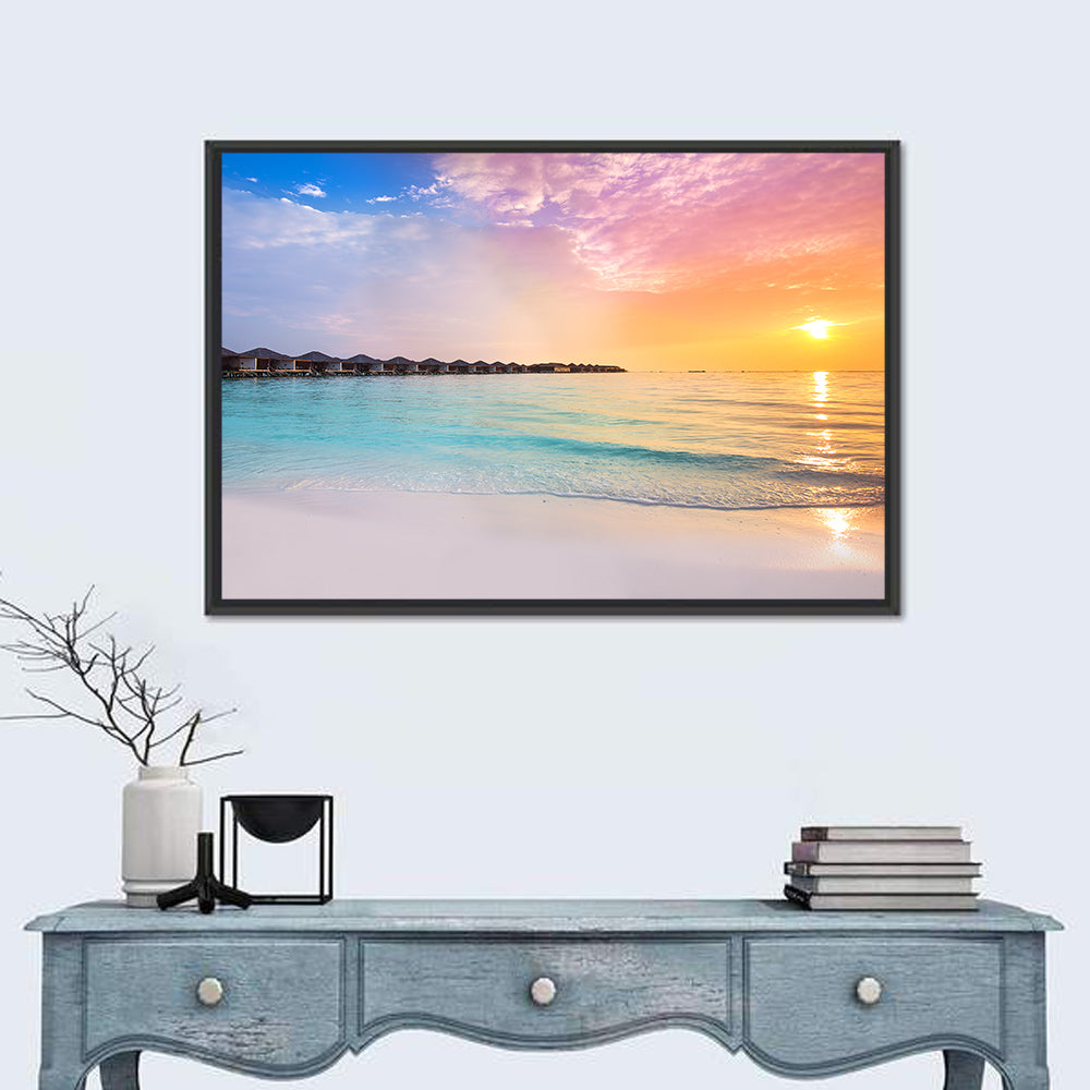 Overwater Bungalows at Sunset Wall Art in a room, landscape
