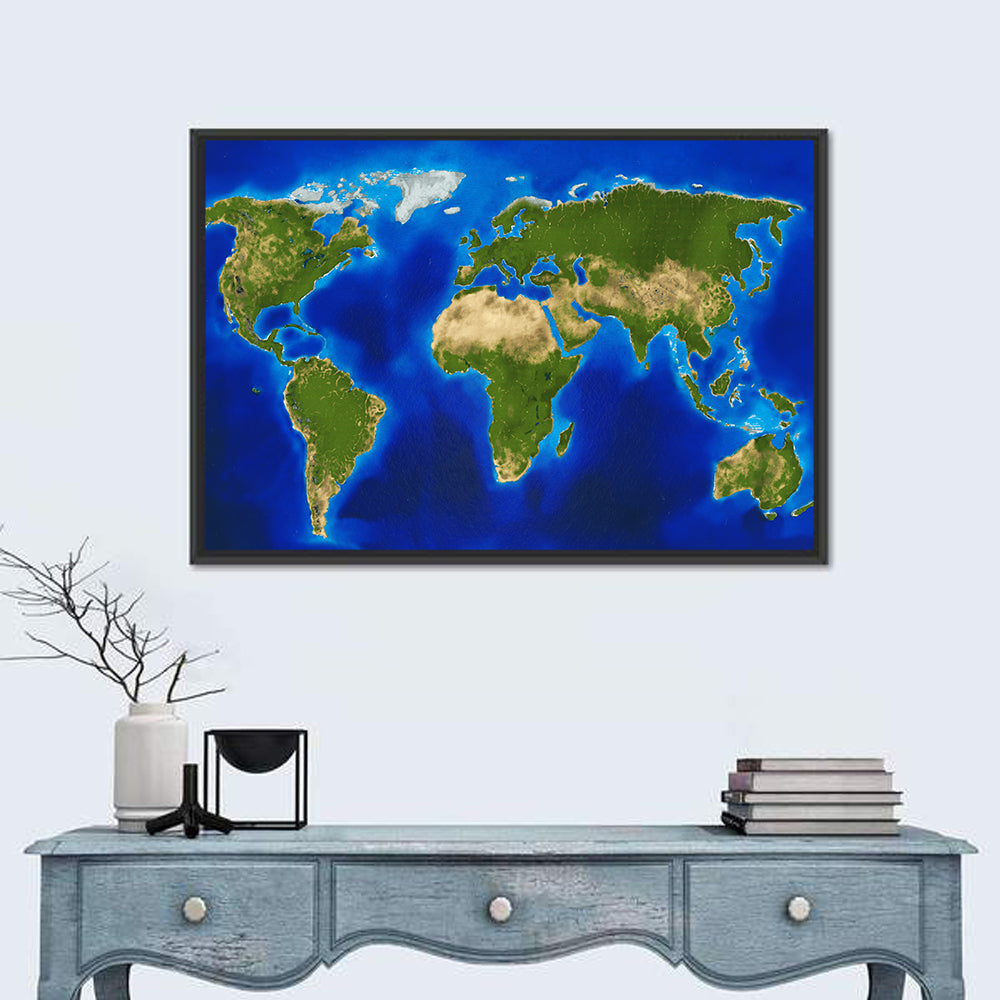 Satellite-style Blue World Map Wall Art in a room, landscape