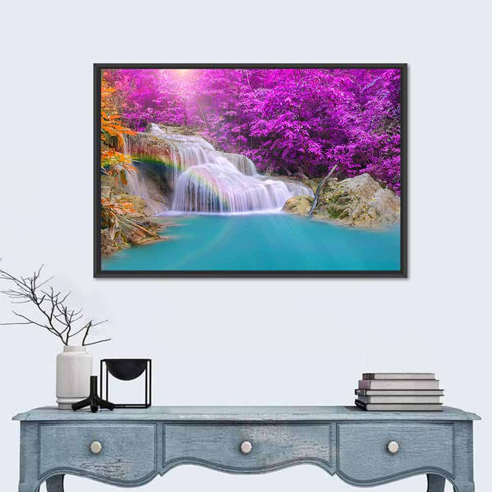 Dreamy Purple Forest Waterfall Wall Art in a room, landscape