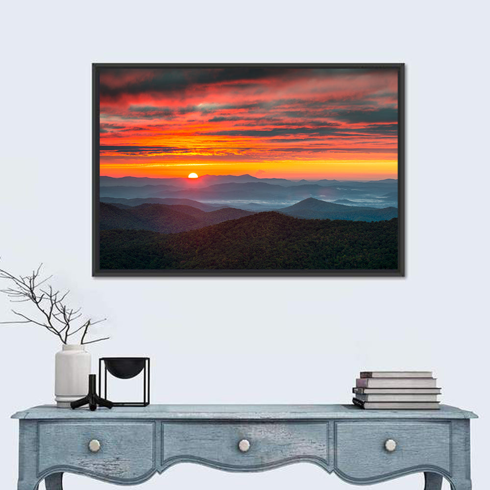 Blue Ridge Sunrise Over Misty Ridges Wall Art in a room, landscape