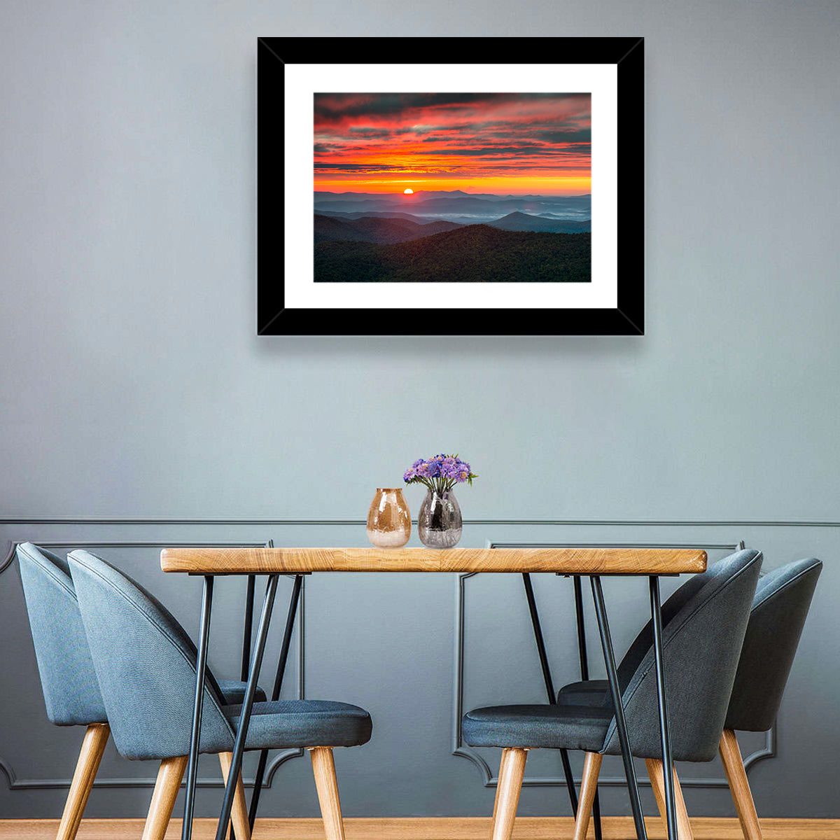 Blue Ridge Sunrise Over Misty Ridges Wall Art in a room, landscape