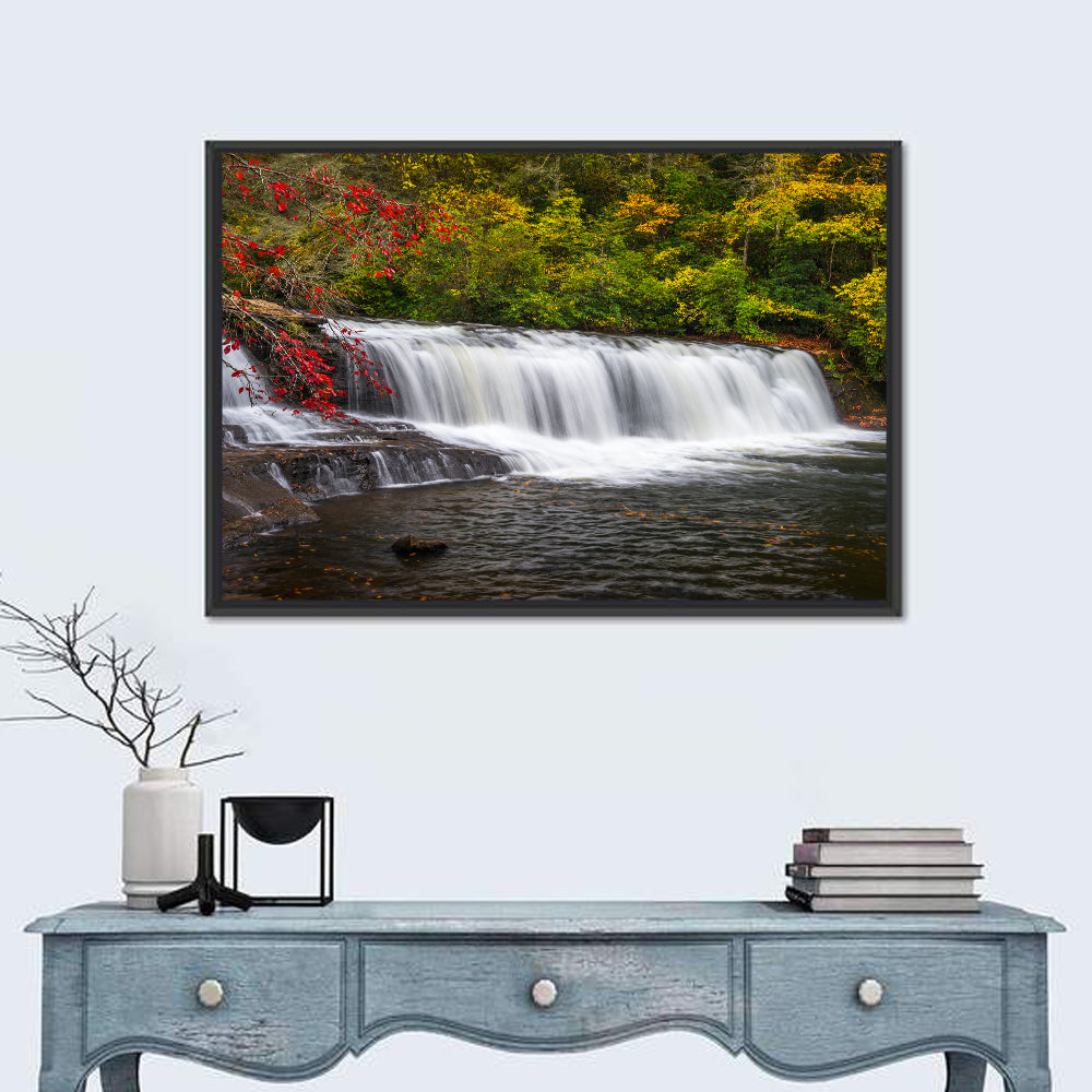 Blue Ridge Autumn Waterfall Wall Art in a room, landscape