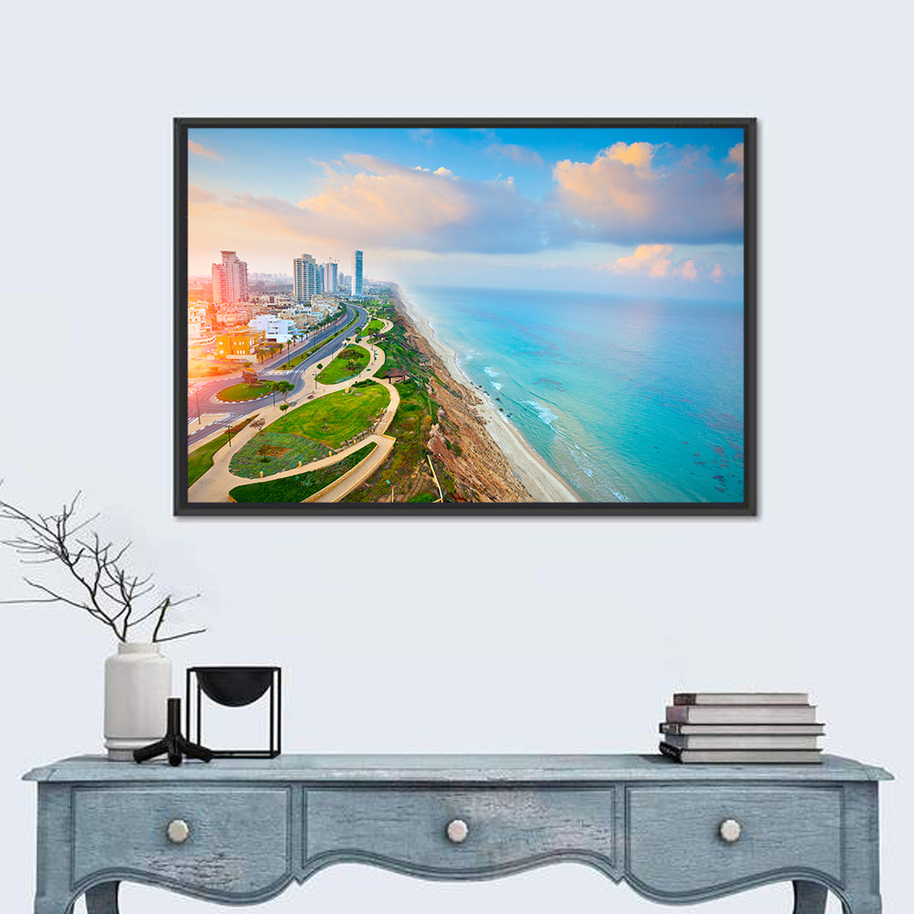 Netanya Coastline at Golden Hour Wall Art in a room, landscape