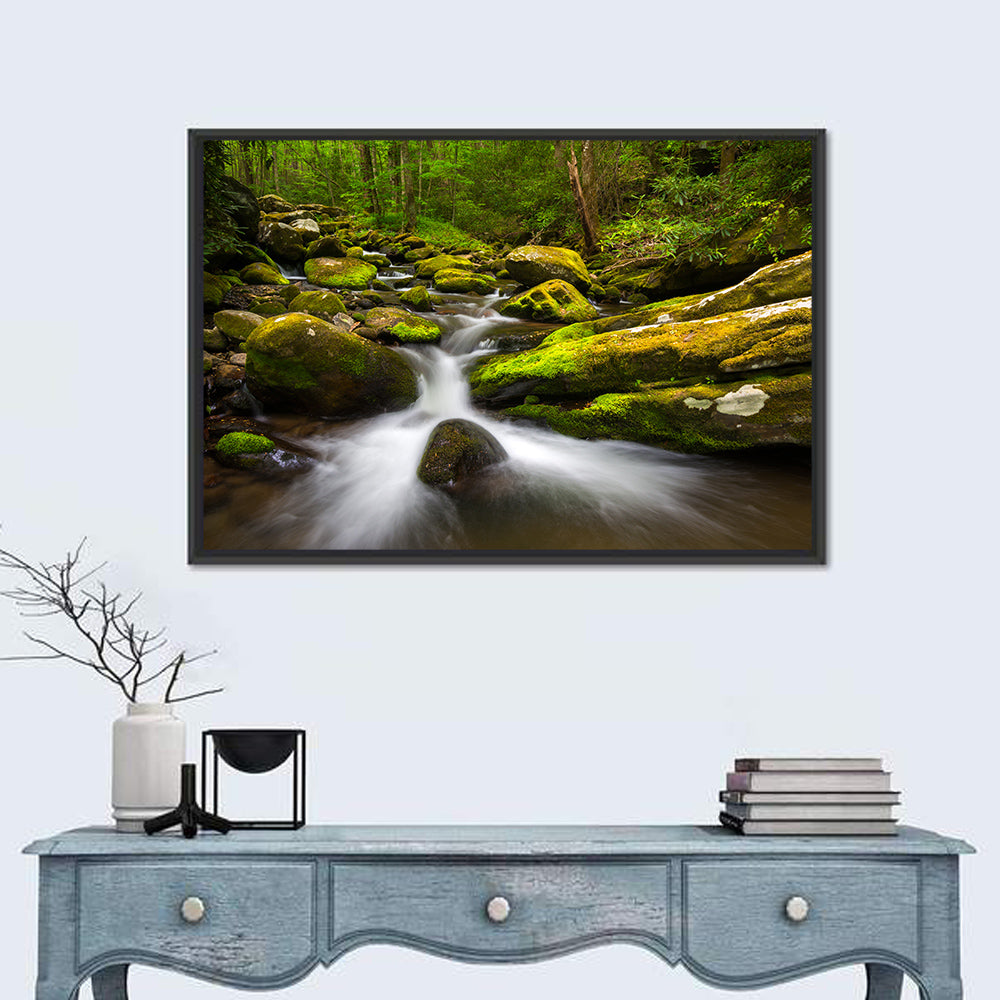 Mossy Forest Stream Wall Art in a room, landscape