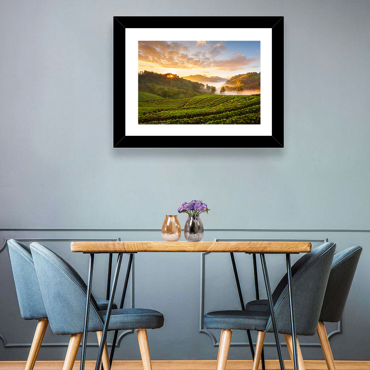 Strawberry Fields Sunrise Wall Art in a room, landscape