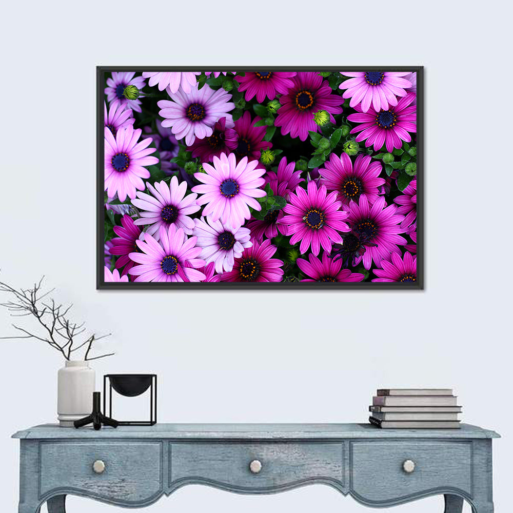 Pink and Purple Daisies Wall Art in a room, landscape
