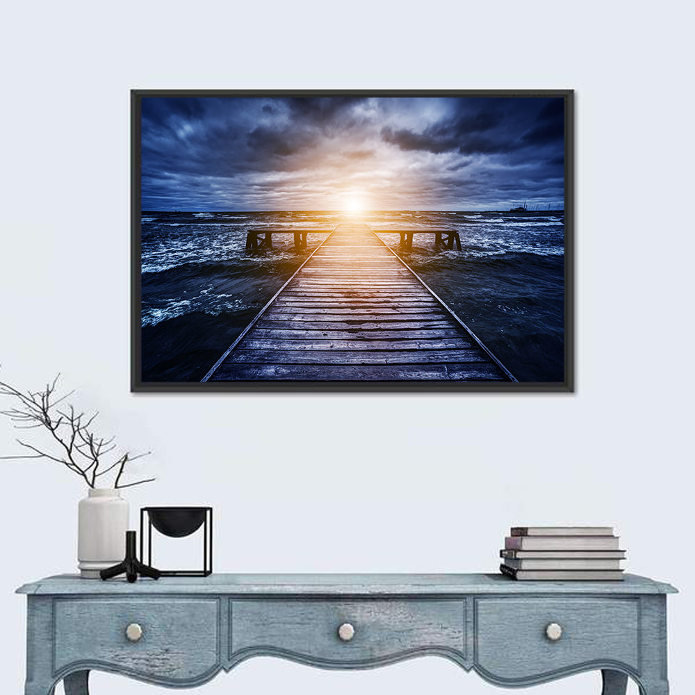 Sunlit Wooden Jetty at Dusk Wall Art in a room, landscape