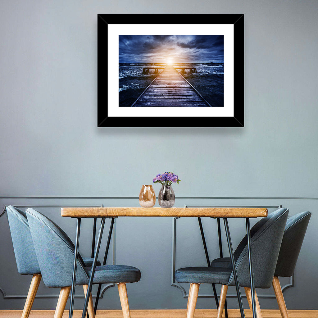 Sunlit Wooden Jetty at Dusk Wall Art