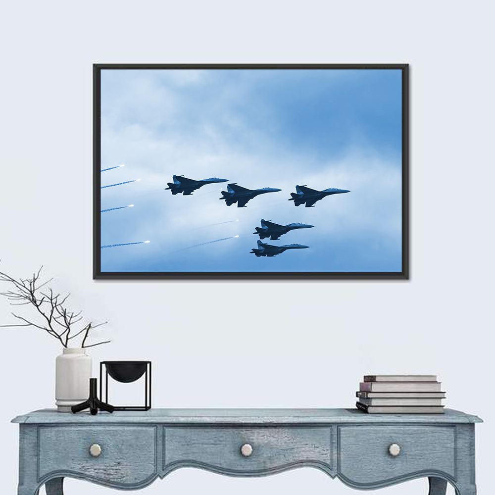 Five Fighter Jets in Formation Wall Art in a room, landscape