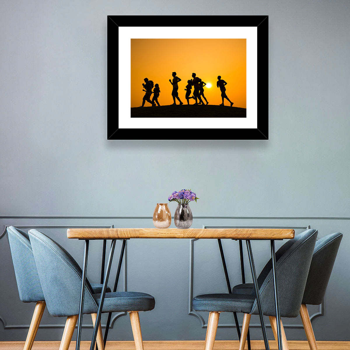 Six Runners Silhouette at Golden Sunset Wall Art in a room, landscape