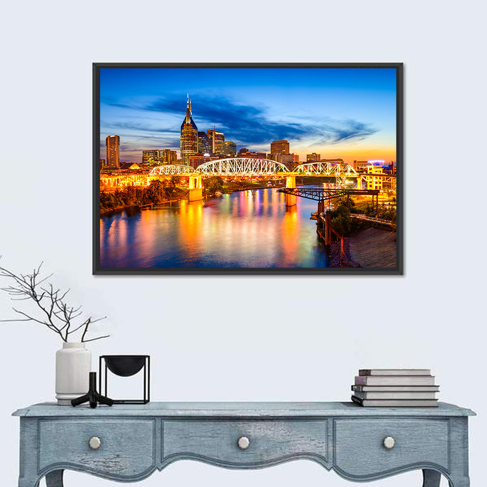 Nashville Skyline at Twilight Bridge Reflections Wall Art in a room, landscape