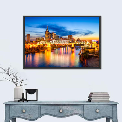 Nashville Skyline at Twilight Bridge Reflections Wall Art