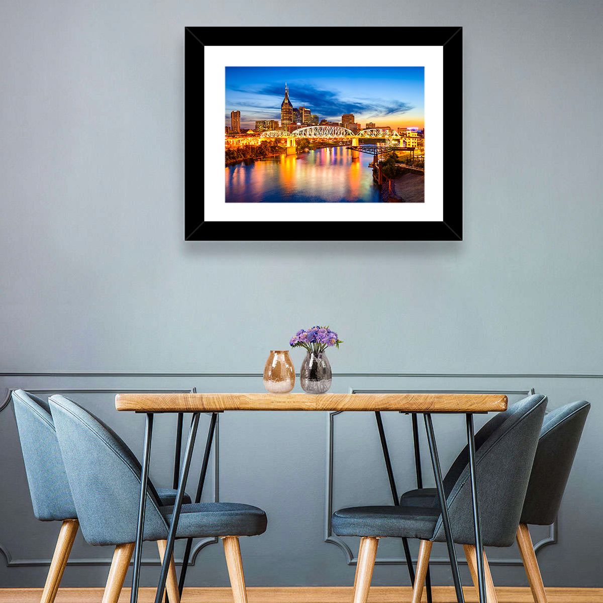 Nashville Skyline at Twilight Bridge Reflections Wall Art