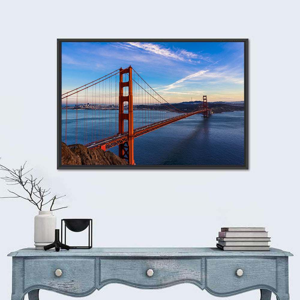 Golden Gate Bridge at Golden Hour Wall Art in a room, landscape