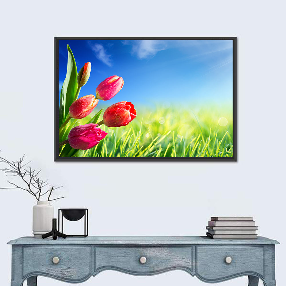Dewy Red Tulips Under Blue Sky Wall Art in a room, landscape
