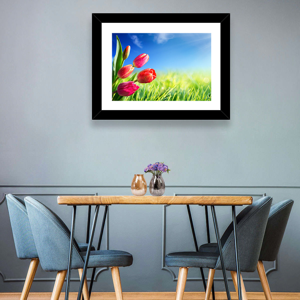 Dewy Red Tulips Under Blue Sky Wall Art