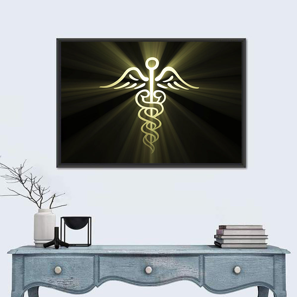 Medical Corps Caduceus Emblem Wall Art in a room, landscape