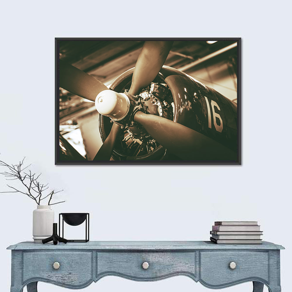 Vintage Military Propeller Plane Wall Art in a room, landscape