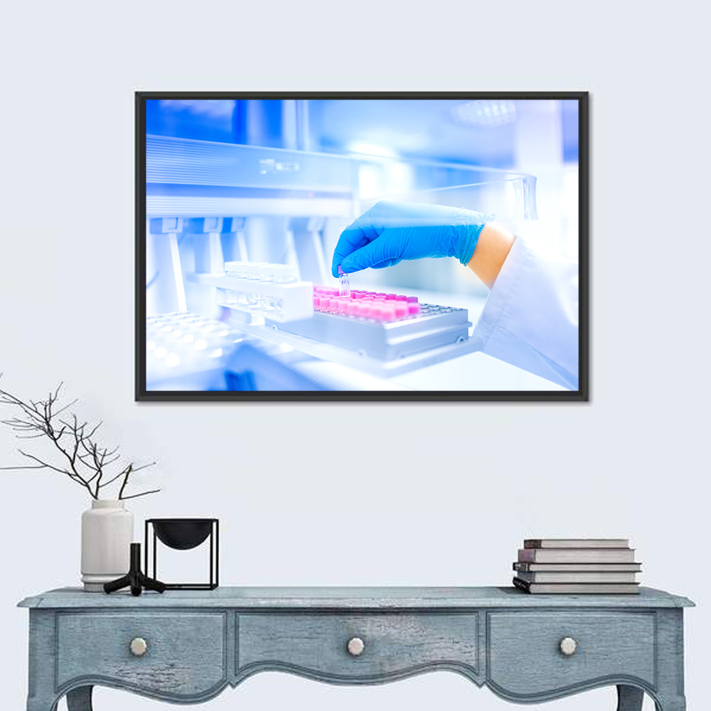 Gloved Hand with Vial and Pink-capped Tubes Wall Art in a room, landscape