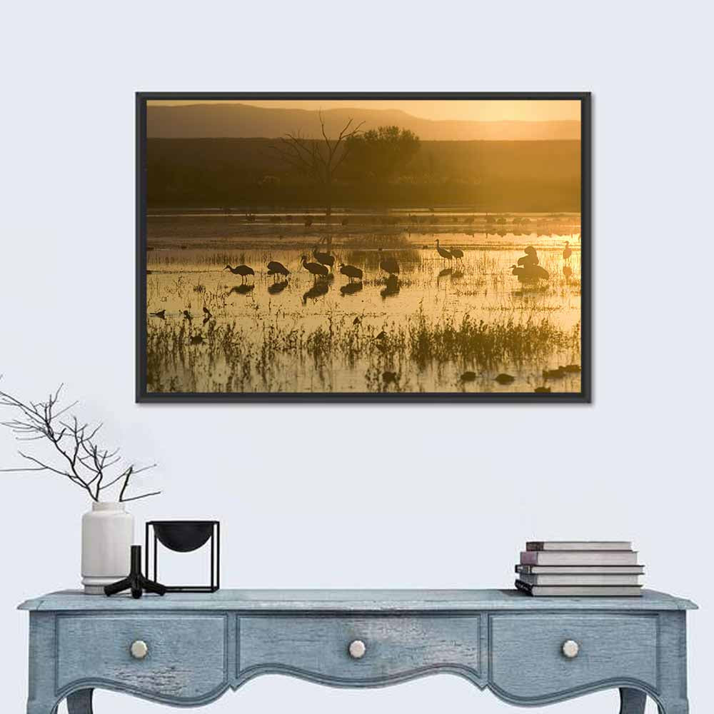 Golden Hour Sandhill Cranes on Lake Wall Art
