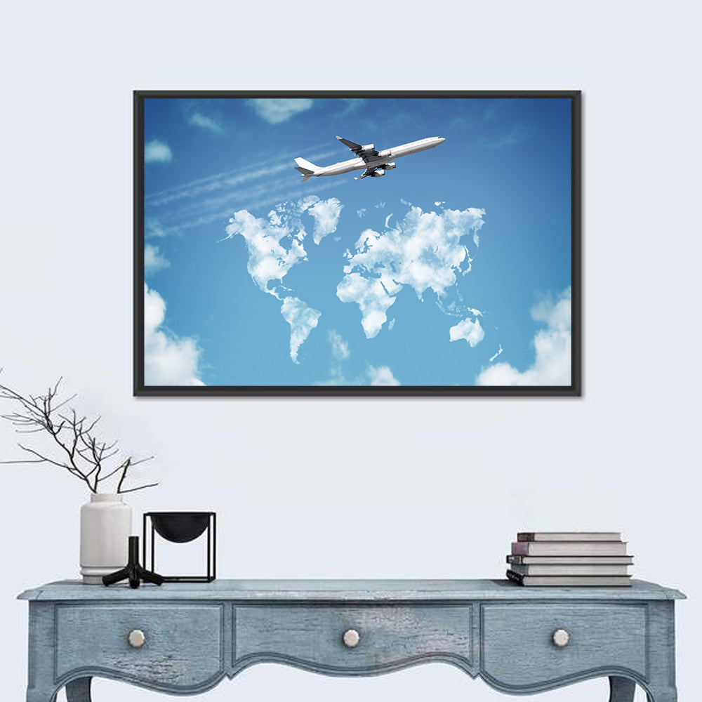 Jet Over Cloud World Map Wall Art in a room, landscape