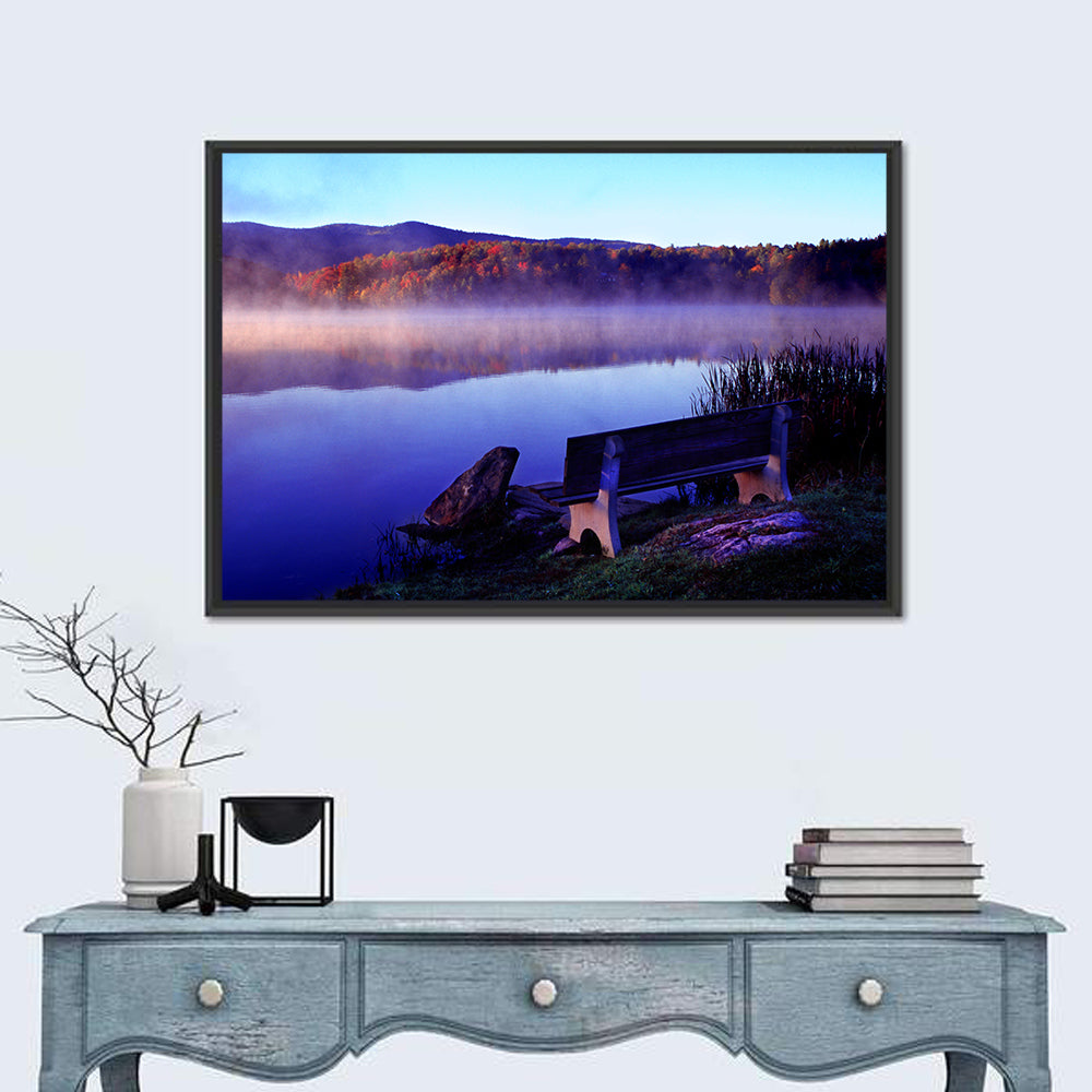 Bench at Misty Lake Sunrise Wall Art
