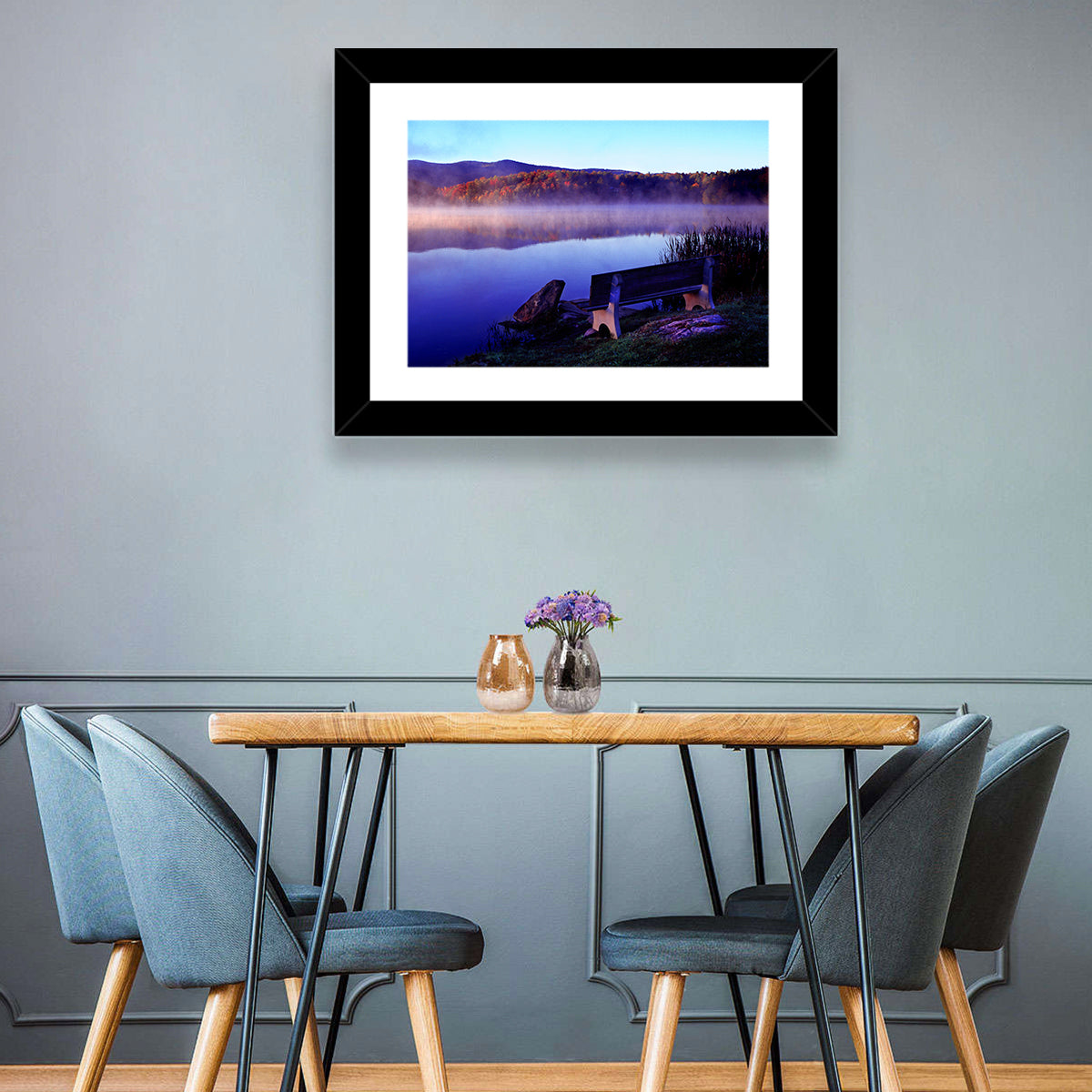 Bench at Misty Lake Sunrise Wall Art