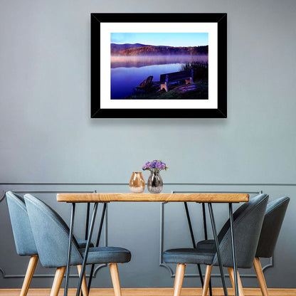 Bench at Misty Lake Sunrise Wall Art