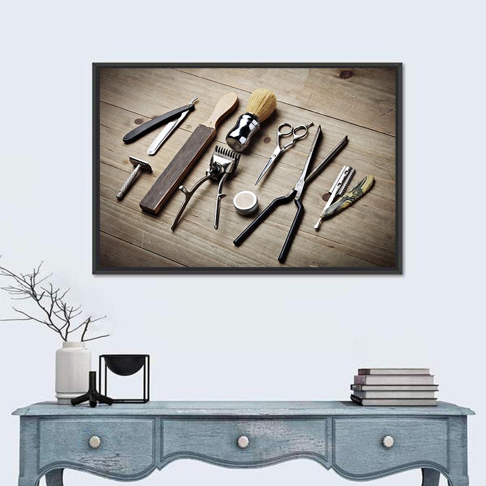 Vintage Barber Tools on Wooden Workbench Wall Art in a room, landscape