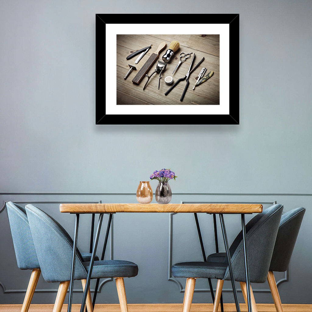 Vintage Barber Tools on Wooden Workbench Wall Art