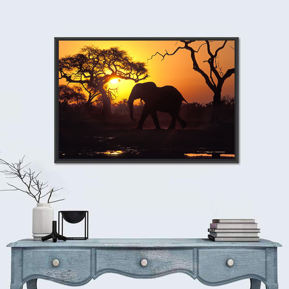 Elephant at Sunset Wall Art in a room, landscape