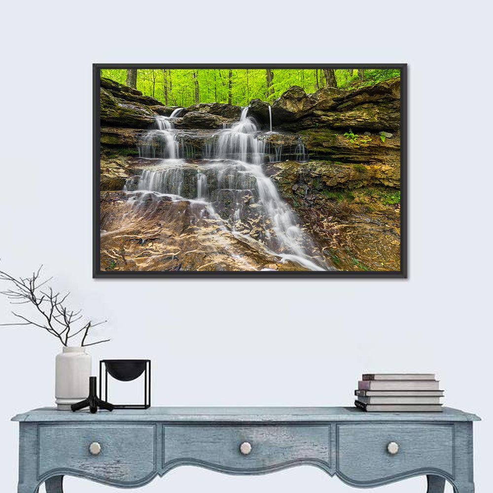 Mossy Ledge Waterfall Wall Art in a room, landscape
