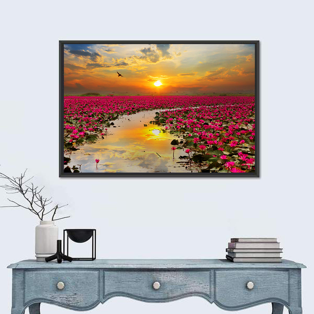 Golden Hour Lotus Field Wall Art in a room, landscape