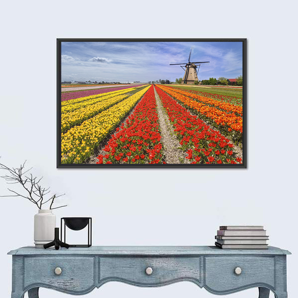 Spring Tulip Fields with Dutch Windmill Wall Art in a room, landscape